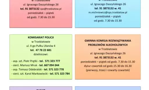 plakta informacyjny z punktami pomocy i poradnictwem