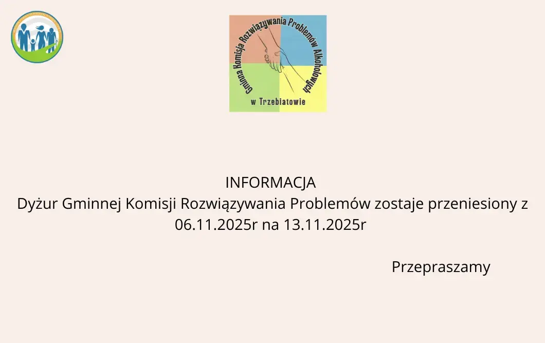 Zdjęcie do Dyżur Gminnej Komisji Rozwiązywania Problem&oacute;w zostaje przeniesiony z 06.11.2025r na 13.11.2025r 
