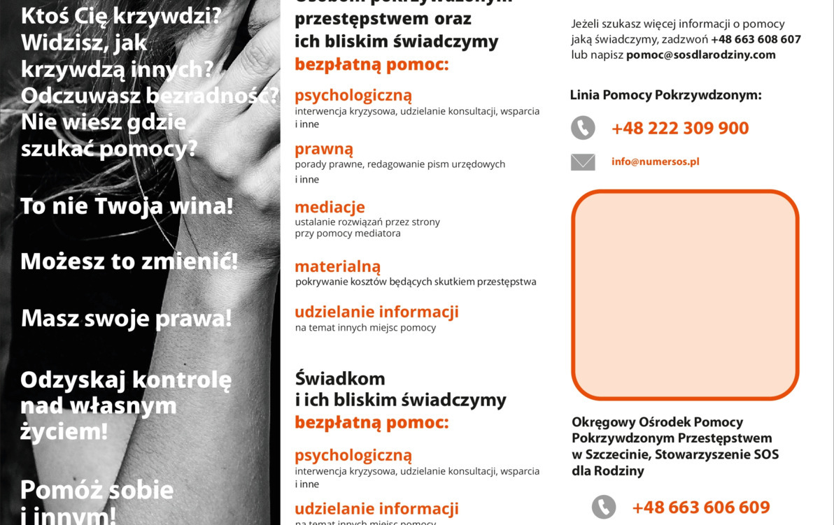 Zdjęcie do Bezpłatna pomoc dla os&oacute;b pokrzywdzonych przestępstwem, świadk&oacute;w i os&oacute;b im najbliższych świadczona przez Okręgowy Ośrodek Pomocy Pokrzywdzonym Przestępstwem oraz Punkty Lokalne ze środk&oacute;w Funduszu Sprawiedliwości w latach 2022-2025