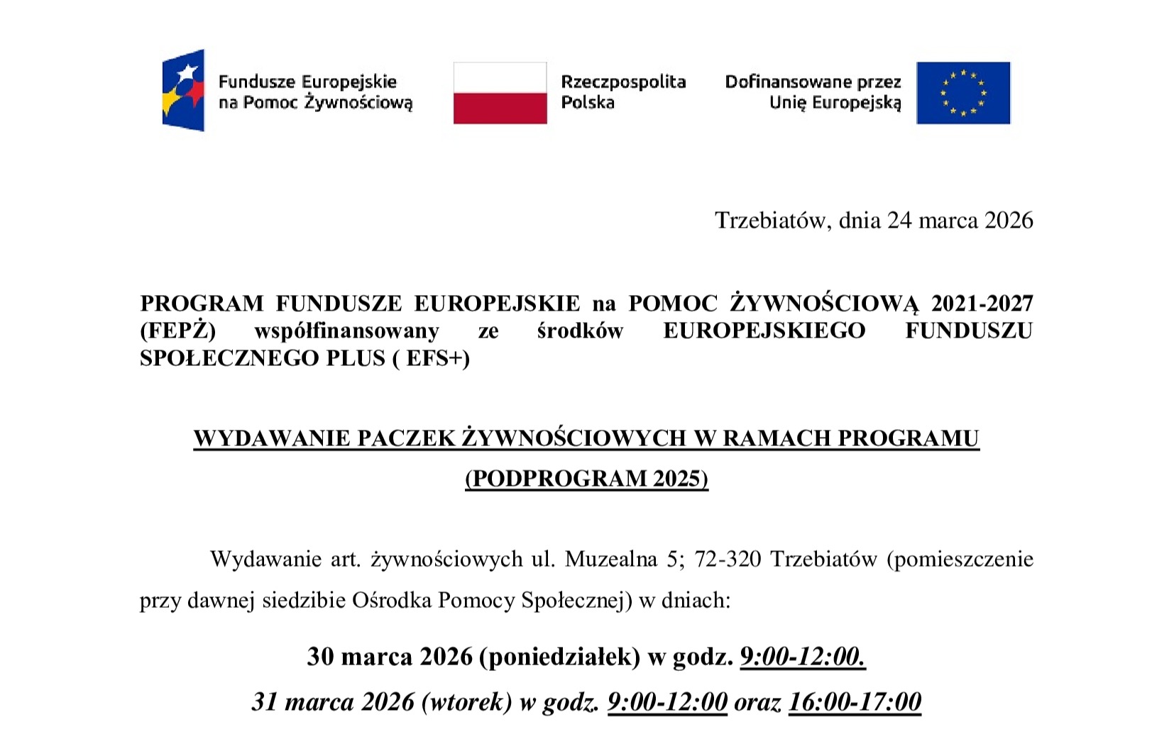 Zdjęcie do Informacja o wydawaniu paczek żywnościowych w ramach programu (podprogram 2025)