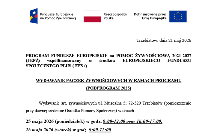Zdjęcie do Informacja o terminie wydawania artykuł&oacute;w żywnościowych maj 2026 